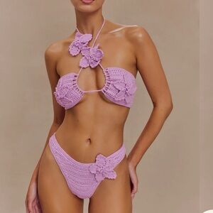 Meshki, Skye Floral Crochet Tie Up Bikini Bottom & Top -Lilac